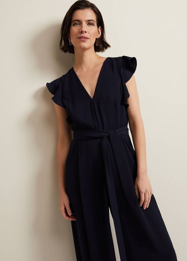 Navy Phase Eight Kallie V Neck Frill Jumpsuit | 6513XQKLJ