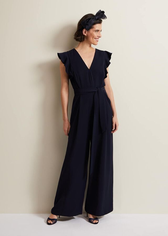 Navy Phase Eight Kallie V Neck Frill Jumpsuit | 6513XQKLJ