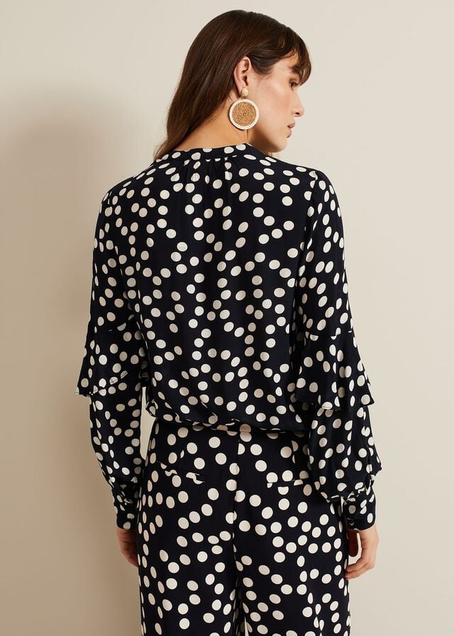Navy Phase Eight Peyton Polka Dot Frill Shirts | 9637CDRXI