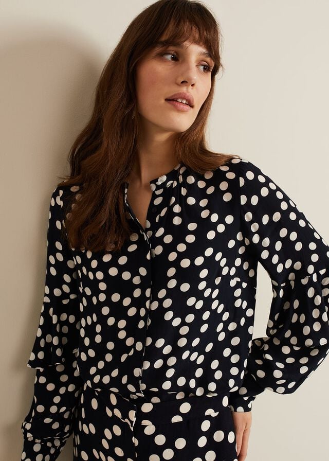 Navy Phase Eight Peyton Polka Dot Frill Shirts | 9637CDRXI