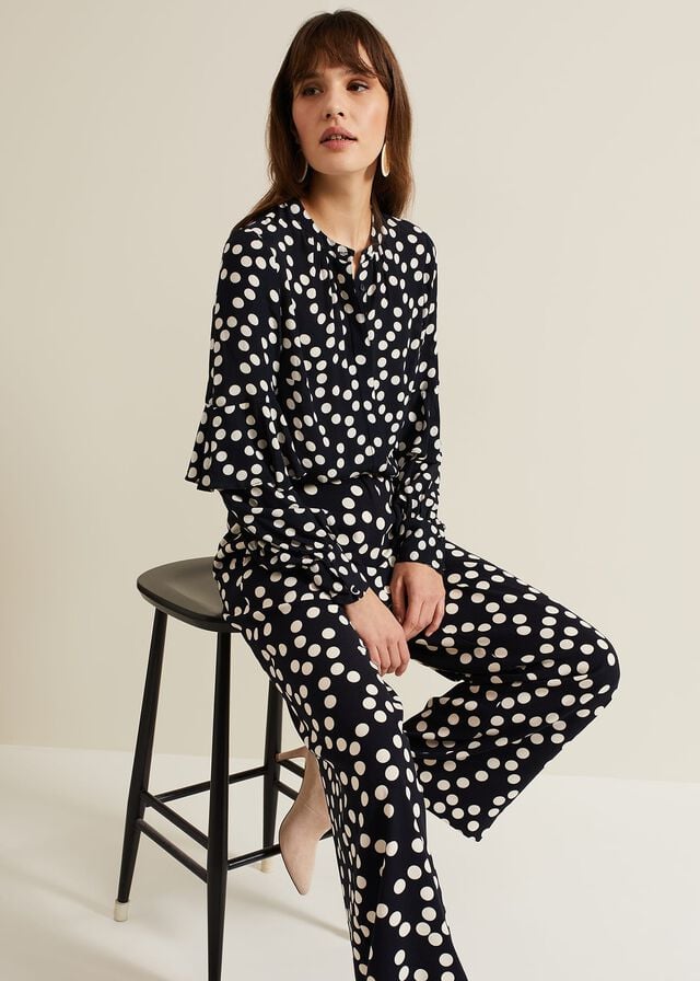 Navy Phase Eight Peyton Polka Dot Frill Shirts | 9637CDRXI