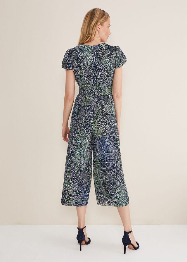 Navy / Multicolor Phase Eight Leora Wrap Printed Plisse Jumpsuit | 0945PMGQR