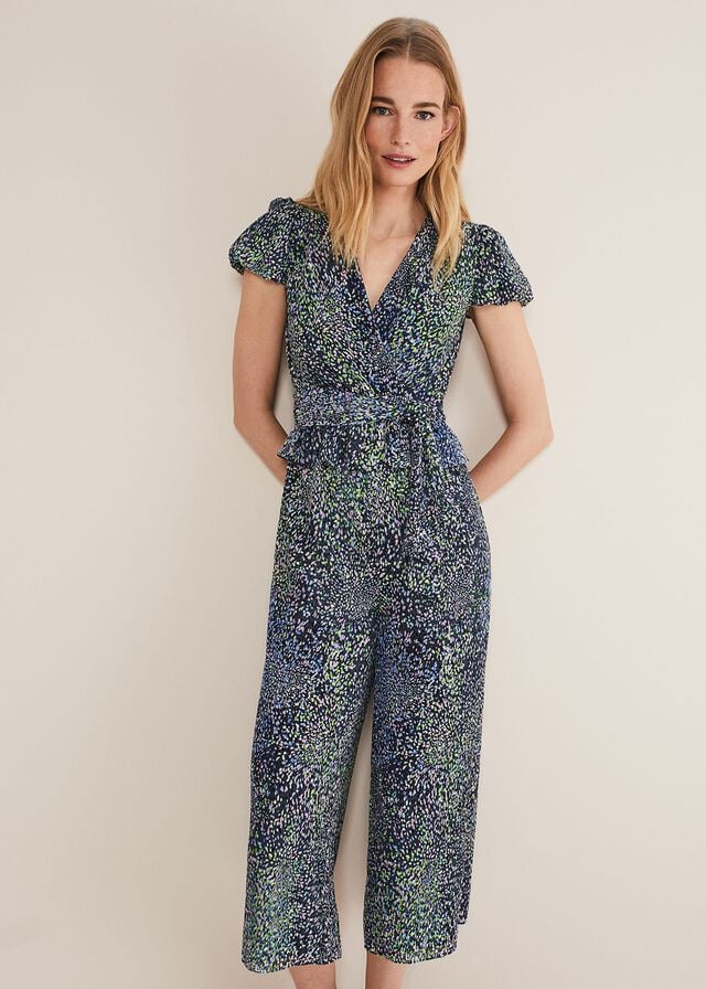 Navy / Multicolor Phase Eight Leora Wrap Printed Plisse Jumpsuit | 0945PMGQR