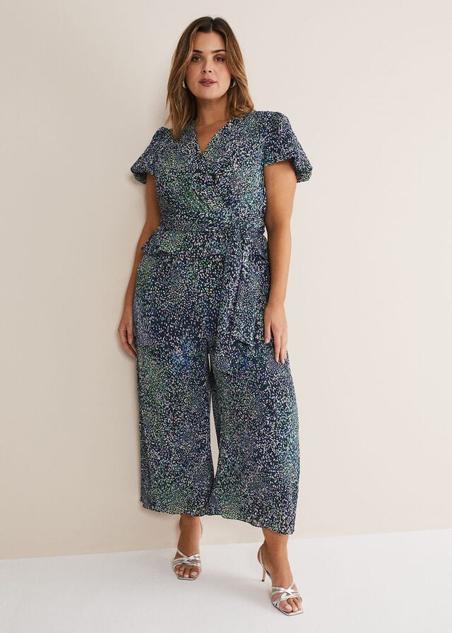Navy / Multicolor Phase Eight Leora Wrap Printed Plisse Jumpsuit | 0945PMGQR