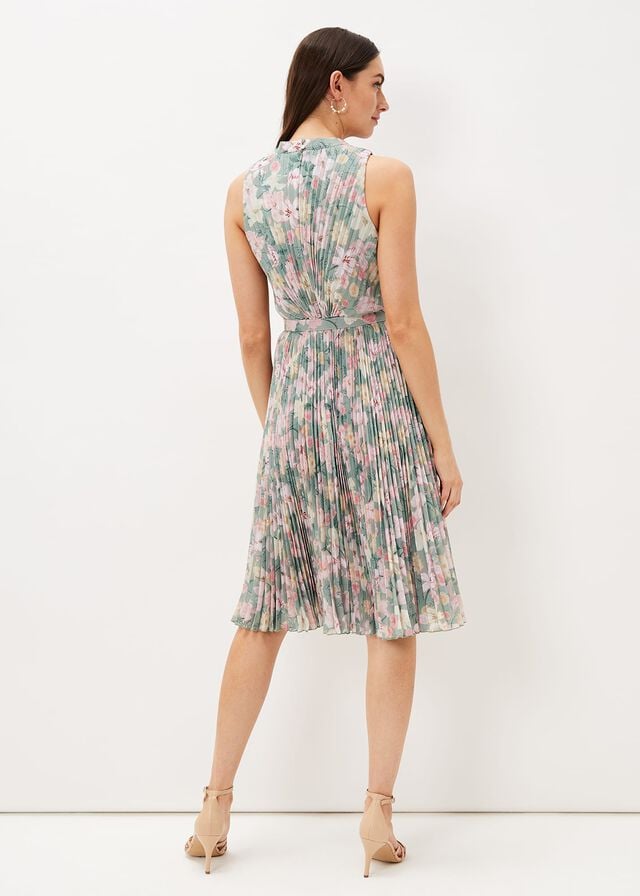 Olive / Multicolor Phase Eight Simara Floral Pleated Dress | 2487DPXJI