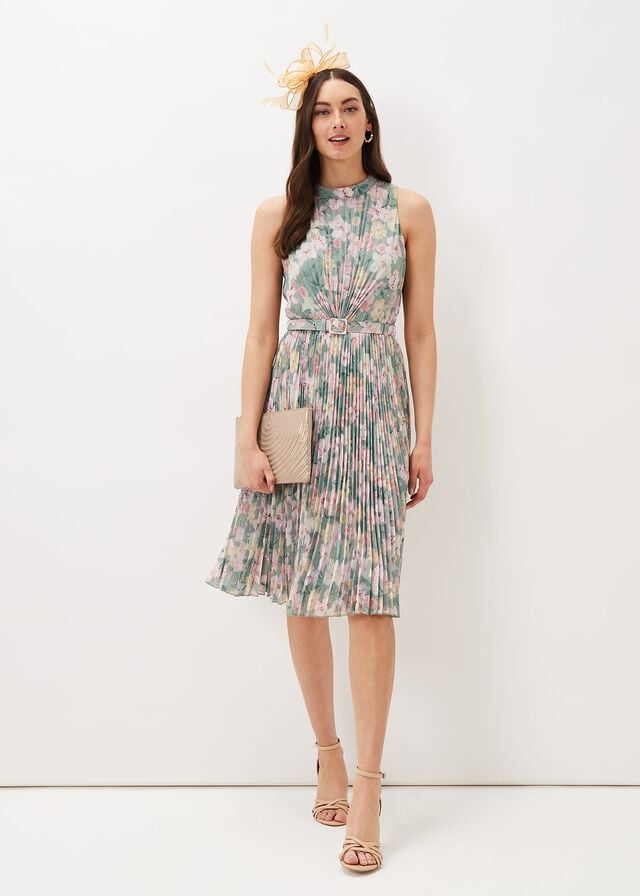 Olive / Multicolor Phase Eight Simara Floral Pleated Dress | 2487DPXJI