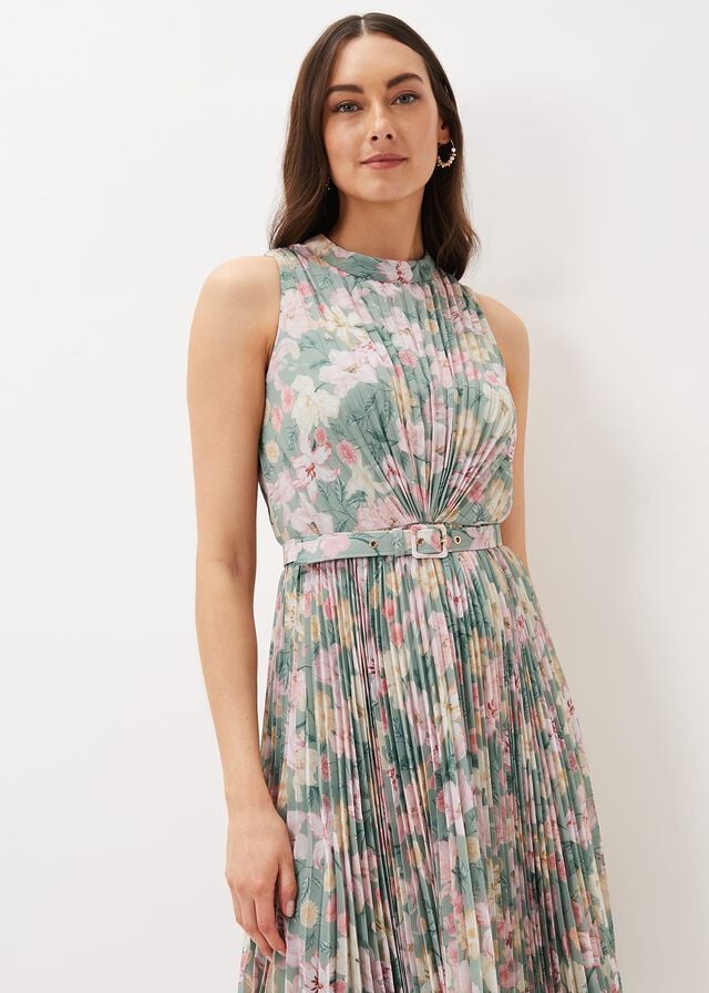 Olive / Multicolor Phase Eight Simara Floral Pleated Dress | 2487DPXJI