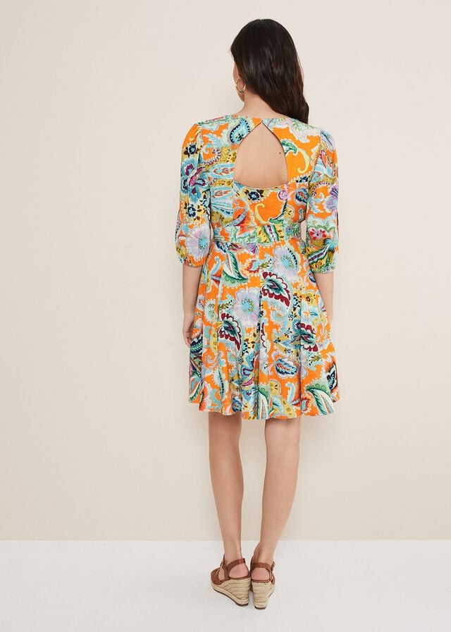 Orange / Multicolor Phase Eight Azalia Paisley Linen Swing Dress | 4286SPJRN