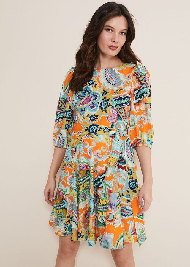 Orange / Multicolor Phase Eight Azalia Paisley Linen Swing Dress | 4286SPJRN