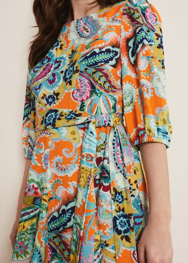 Orange / Multicolor Phase Eight Azalia Paisley Linen Swing Dress | 4286SPJRN