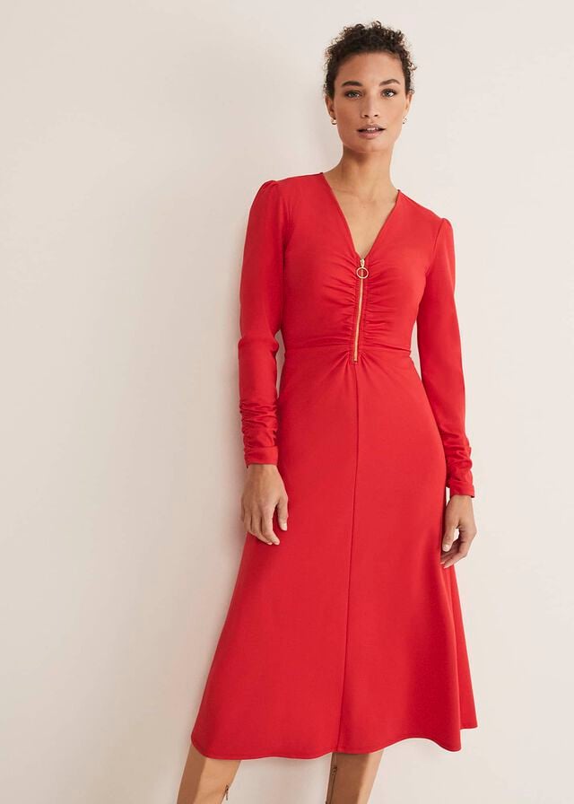 Red Phase Eight Irisa Zip Ruched Dress | 6315PTNIV
