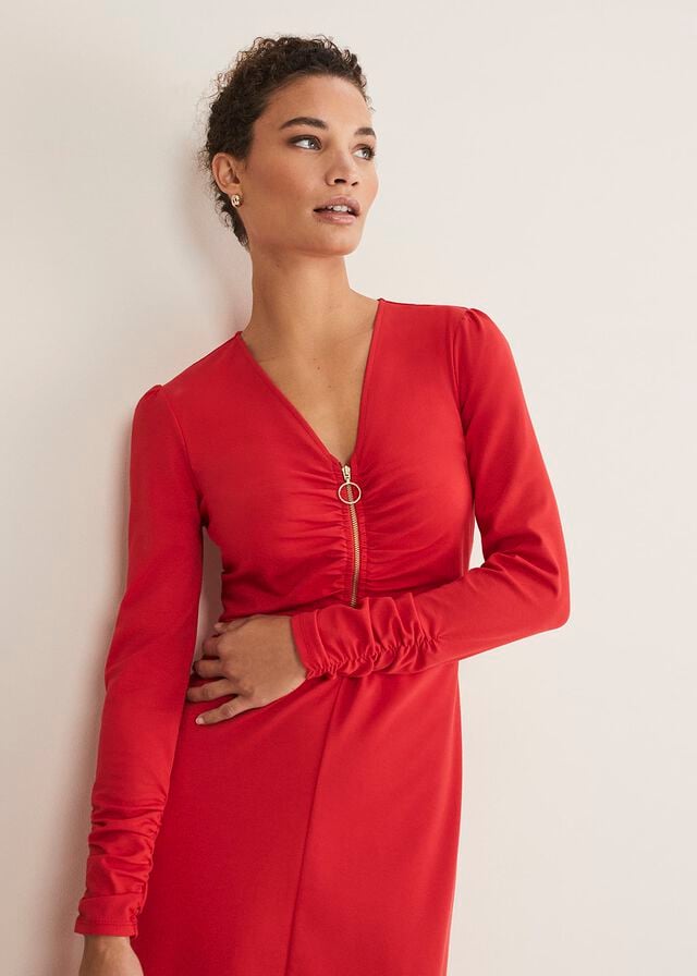 Red Phase Eight Irisa Zip Ruched Dress | 6315PTNIV