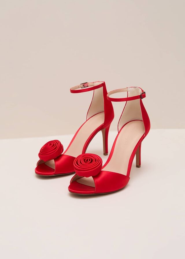 Red Phase Eight Red Satin Corsage Flower Heels | 1245UZKGP