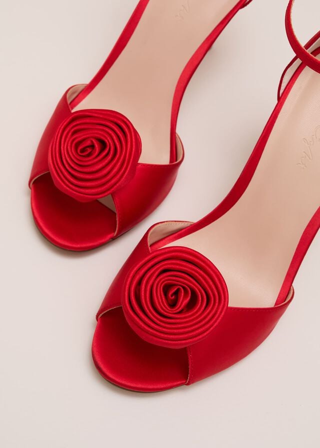 Red Phase Eight Red Satin Corsage Flower Heels | 1245UZKGP