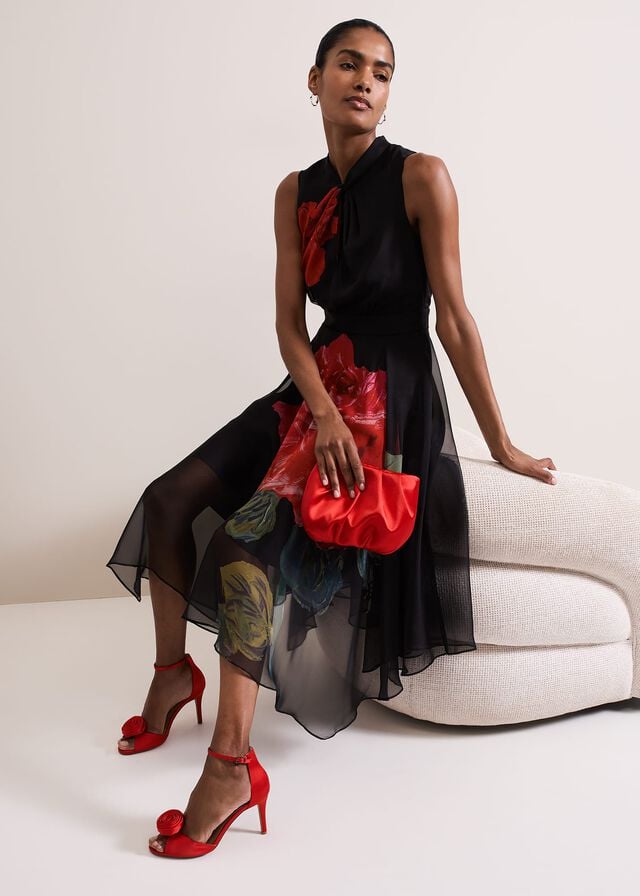 Red Phase Eight Red Satin Corsage Flower Heels | 1245UZKGP