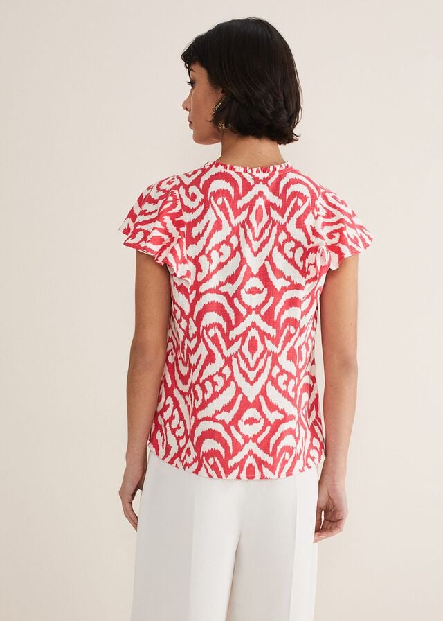 Red / White Phase Eight Dalia Ikat Ruffle Shirts | 6058OBZDE