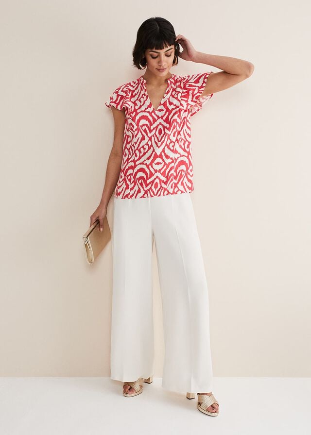 Red / White Phase Eight Dalia Ikat Ruffle Shirts | 6058OBZDE