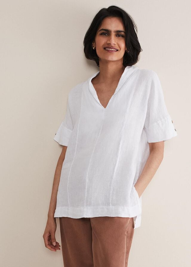 White Phase Eight Carita V-Neck Linen Shirts | 6317LDGUO
