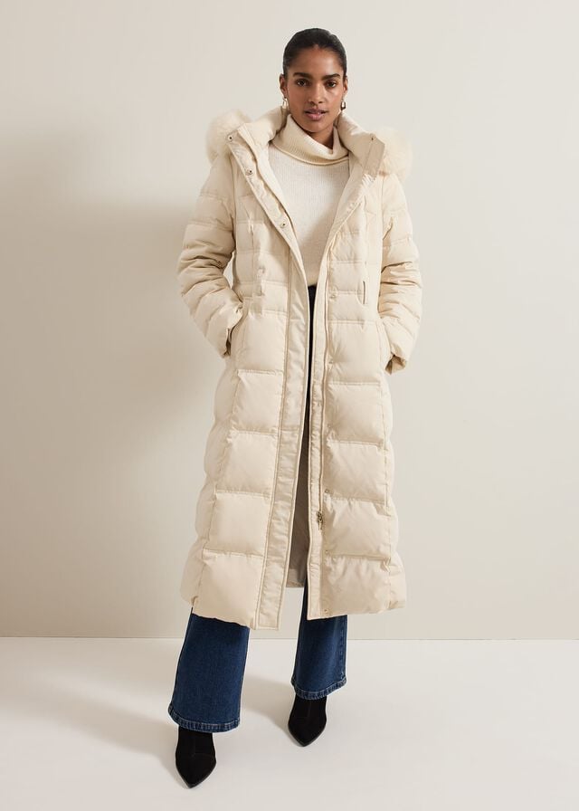White Phase Eight Dixie Long Fur Hood Puffer Coats | 7364UNRCZ