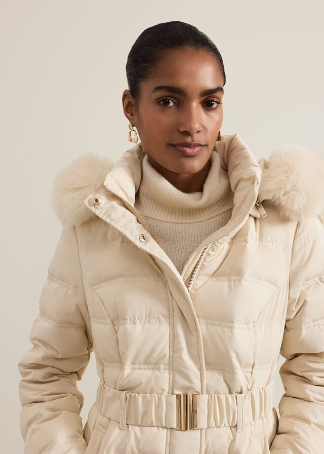 White Phase Eight Dixie Long Fur Hood Puffer Coats | 7364UNRCZ