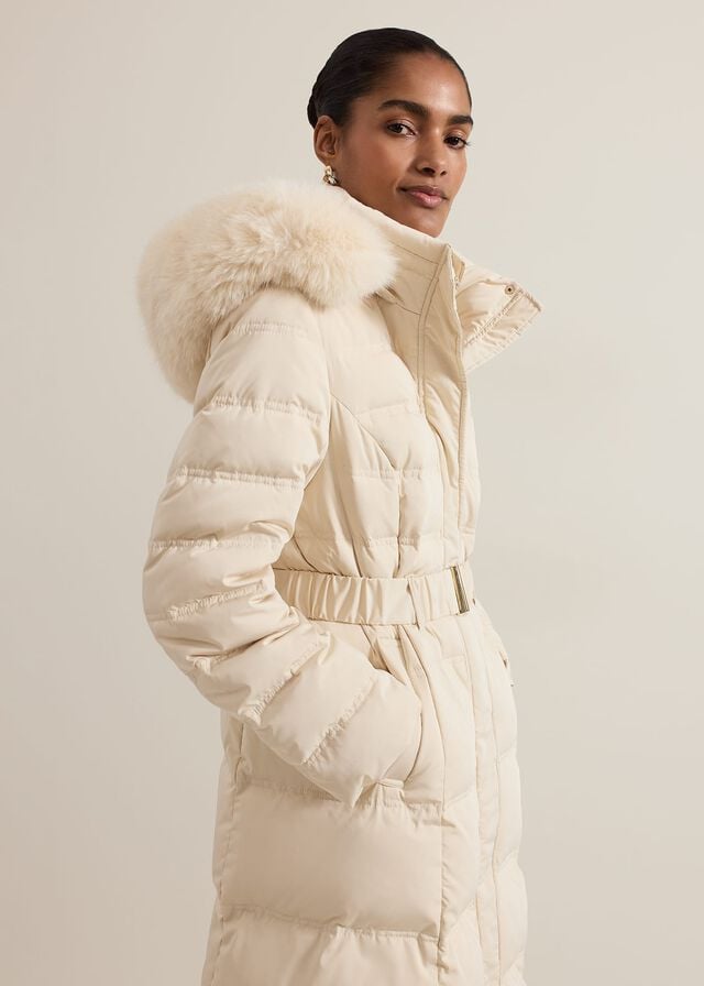 White Phase Eight Dixie Long Fur Hood Puffer Coats | 7364UNRCZ