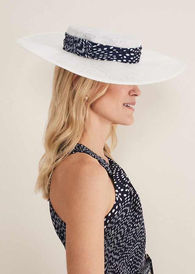 White Phase Eight Ivory Spotted Trim Boater Fascinator Hats | 3046ZMXSP