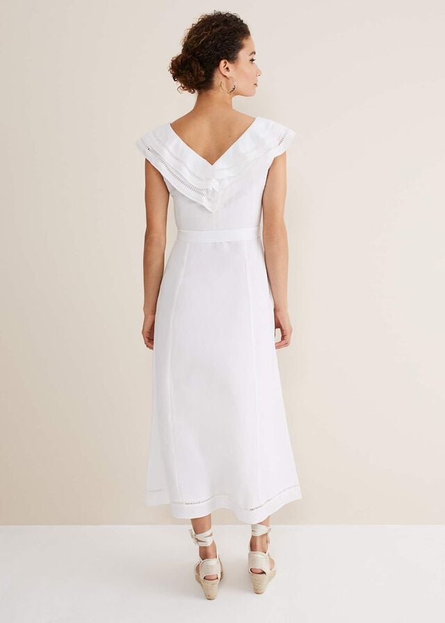 White Phase Eight Julieta Linen Ruffle Broderie Dress | 5807ZNSVY