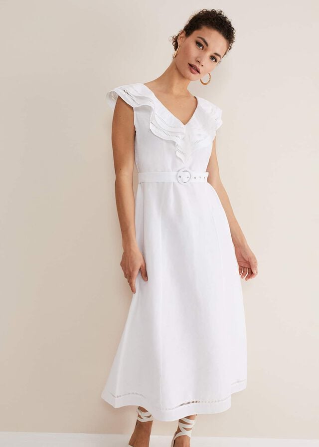 White Phase Eight Julieta Linen Ruffle Broderie Dress | 5807ZNSVY