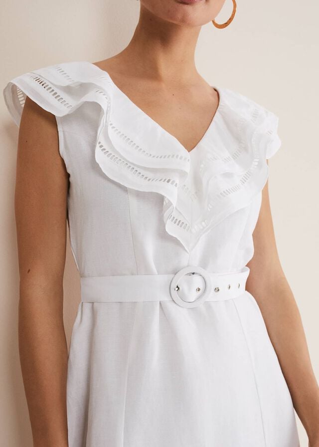 White Phase Eight Julieta Linen Ruffle Broderie Dress | 5807ZNSVY