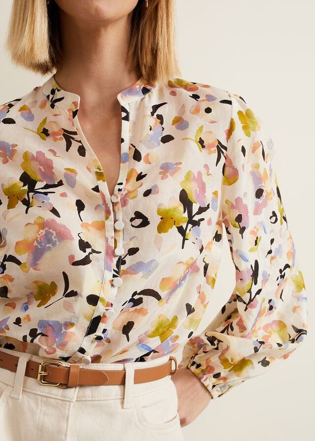 White Phase Eight Maddie Watercolour Silk Blend Shirts | 8039FAMCE