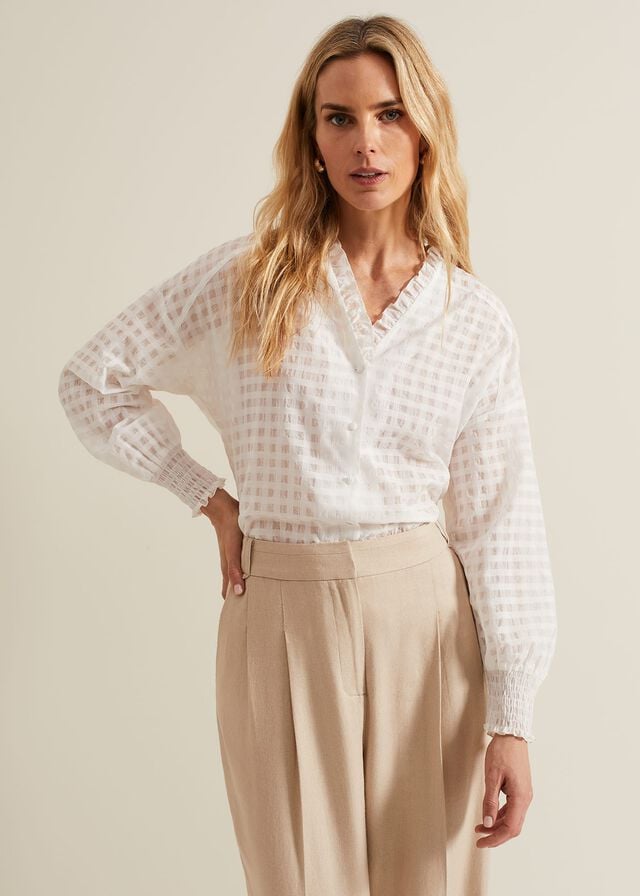 White Phase Eight Tara Textured Frill T Shirts | 4952KUMTX