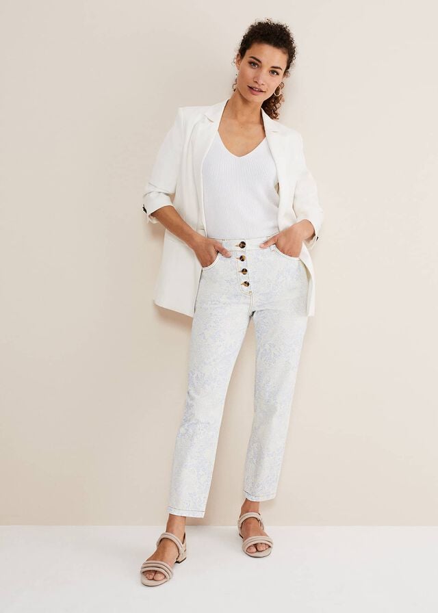 White / Blue Phase Eight Cordelia Floral Straight Leg Trousers | 6724JNLRH