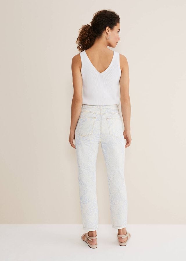 White / Blue Phase Eight Cordelia Floral Straight Leg Trousers | 6724JNLRH