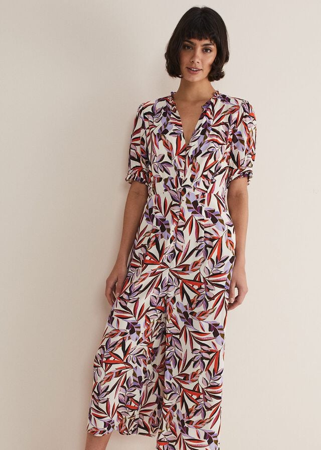 White / Multicolor Phase Eight Astrid Leaf Print Cropped Wide Leg Jumpsuit | 4205QWUID