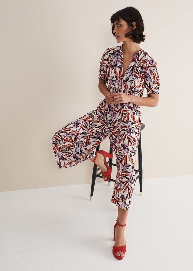 White / Multicolor Phase Eight Astrid Leaf Print Cropped Wide Leg Jumpsuit | 4205QWUID