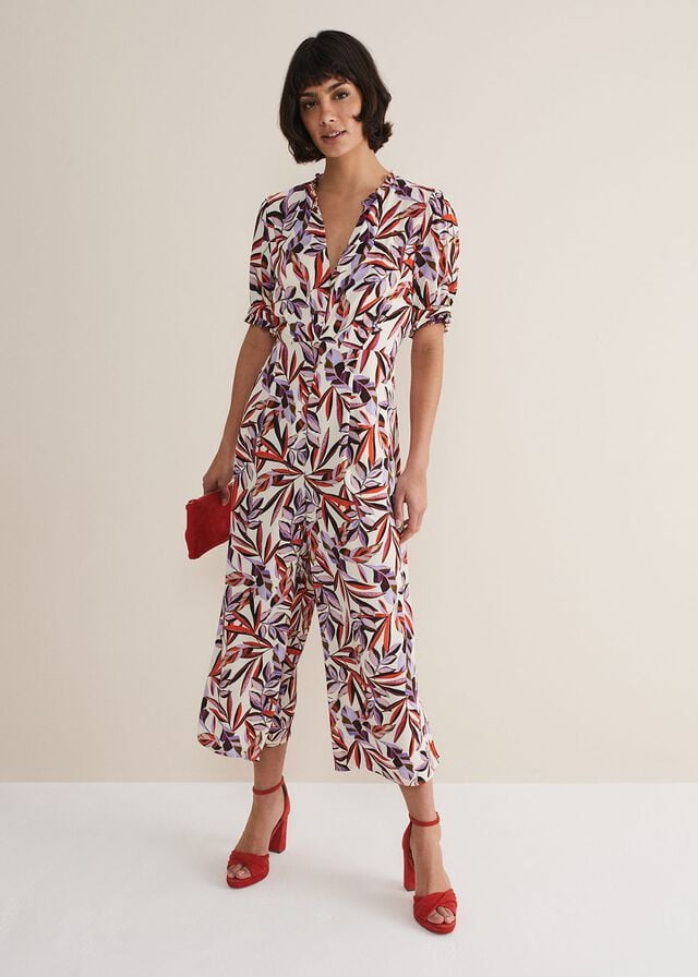 White / Multicolor Phase Eight Astrid Leaf Print Cropped Wide Leg Jumpsuit | 4205QWUID