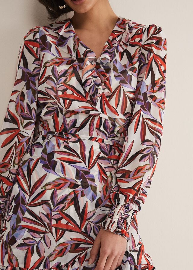 White / Multicolor Phase Eight Melinda Leaf Print Dress | 6504YGVXU