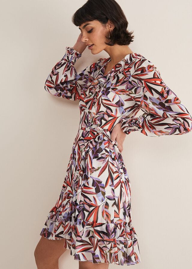 White / Multicolor Phase Eight Melinda Leaf Print Dress | 6504YGVXU