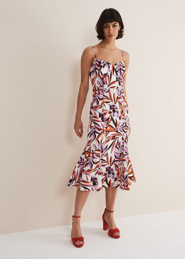 White / Multicolor Phase Eight Sammie Leaf Print Fit And Flare Dress | 7052LPGRQ